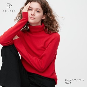 Uniqlo 3D Knit Cashmere Turtleneck Long-Sleeve Trøjer Dame Rød | 1630-RNMHK