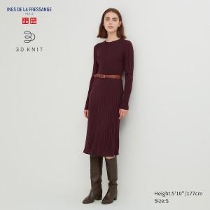 Uniqlo 3D Knit Ribbet Crew Neck Long-Sleeve Kjole Dame Bordeaux | 6389-MUXGH