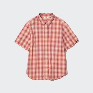 Uniqlo Bomulds Checked Kort-Sleeve Skjorte Dame Lyserød | 5184-PLCQA