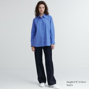 Uniqlo Bomulds Long-Sleeve Skjorte Dame Blå | 2071-LKUPZ