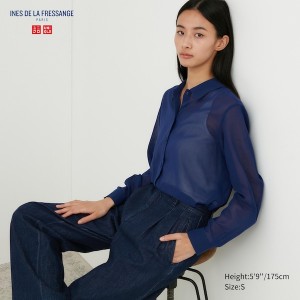 Uniqlo Bomulds Sheer Long-Sleeve Skjorte Dame Blå | 3415-CSZDK