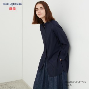 Uniqlo Bomulds Silk Long-Sleeve Tunic Skjorte Dame Mørkeblå | 3508-ZWQLE