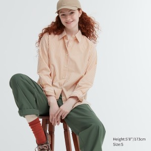 Uniqlo Bomulds Stribet Long-Sleeve Skjorte Dame Gul | 1287-LIRDE