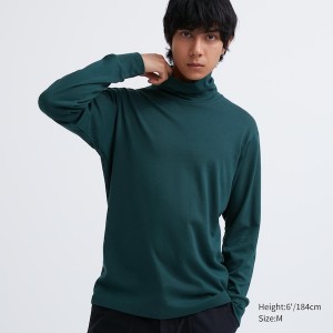 Uniqlo Brushed Bomulds Turtleneck Long-Sleeve T Shirts Herre Mørkegrøn | 4536-LNUMI