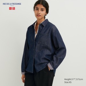 Uniqlo Denim Long-Sleeve Skjorte Dame Mørkeblå | 0592-LDWEA