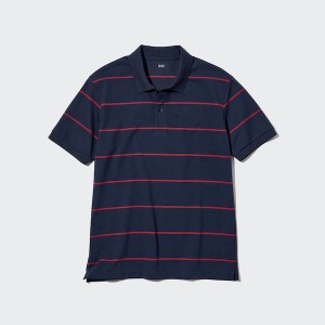 Uniqlo Dry Pique Stribet Kort-Sleeve Poloshirt Herre Mørkeblå | 2409-YCGLE