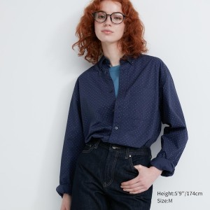 Uniqlo Extra Fine Bomulds Broadcloth Dotted Long-Sleeve Skjorte Dame Blå | 5461-JKDSC