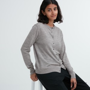 Uniqlo Extra Fine Merino Crew Neck Cardigan Dame Grå | 7214-EYIQV