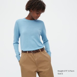 Uniqlo Extra Fine Merino Crew Neck Long-Sleeve Trøjer Dame Blå | 2410-CQFEO