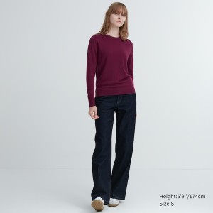 Uniqlo Extra Fine Merino Crew Neck Long-Sleeve Trøjer Dame Bordeaux | 1395-SKLRM