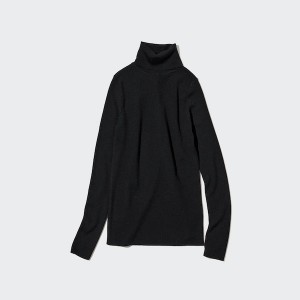 Uniqlo Extra Fine Merino Ribbet Turtleneck Long-Sleeve Trøjer Dame Sort | 8796-SDHFN