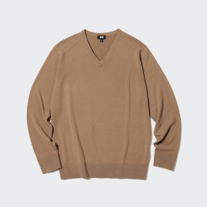 Uniqlo Extra Fine Merino V-Neck Trøjer Herre Abrikos | 0421-RDVZC