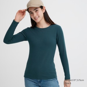 Uniqlo HEATTECH Bomulds Crew Neck Long-Sleeve T Shirts Dame Mørkegrøn | 7125-JYEAV