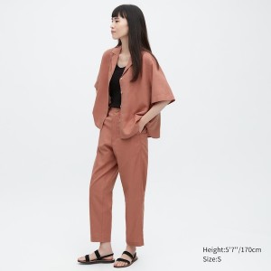 Uniqlo Linen Bomulds Tapered Bukser Dame Brune | 1627-YXWPF