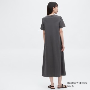 Uniqlo Mercerized Bomulds Kort-Sleeve A-Line Kjole Dame Mørkegrå | 8420-AJNTS