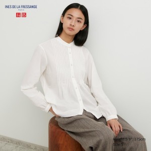 Uniqlo Pintuck Long Sleeve Skjorte Dame Hvide | 0537-PMGXB