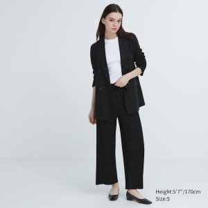 Uniqlo Plisseret Lige Bukser Dame Sort | 5763-KLSRD