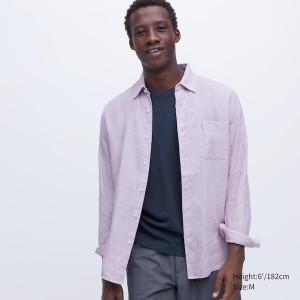 Uniqlo Premium Linen Long-Sleeve Skjorte Herre Lilla | 4396-DLVGQ