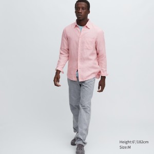 Uniqlo Premium Linen Long-Sleeve Skjorte Herre Lyserød | 2193-XIESZ