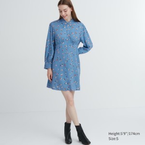 Uniqlo Printed V-Neck Long-Sleeve Mini Kjole Dame Blå | 6709-ELVDH