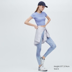 Uniqlo Ribbet Crew Neck Kort-Sleeve Cropped T Shirts Dame Blå | 2465-STKMU