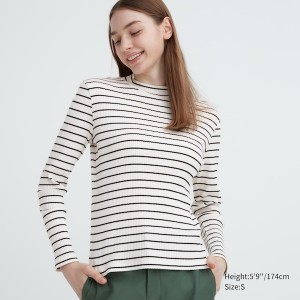 Uniqlo Ribbet Stribet High Neck Long-Sleeve T Shirts Dame Hvide | 1394-PFIDJ