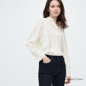 Uniqlo Satin Long-Sleeve Skjorte Dame Hvide | 0587-MOBQP