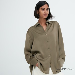 Uniqlo Satin Long-Sleeve Skjorte Dame Olivengrøn | 0926-XUGEO