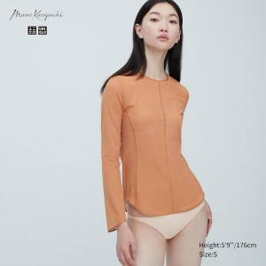 Uniqlo Sheer Crew Neck Long-Sleeve T Shirts Dame Brune | 1375-GZDBO