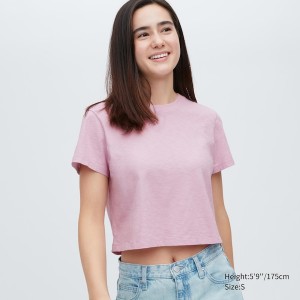 Uniqlo Slub Jersey Cropped Kort-Sleeve T Shirts Dame Lyserød | 8527-BRHUJ