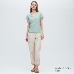 Uniqlo Slub Jersey V-Neck Kort-Sleeve T Shirts Dame Turkis | 0893-HZXCP