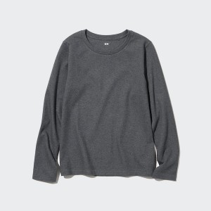 Uniqlo Smooth Stretch Bomulds Crew Neck Long-Sleeve T Shirts Dame Mørkegrå | 4615-YUTNF