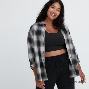 Uniqlo Soft Brushed Checked Long-Sleeve Skjorte Dame Mørkegrå | 4897-ZVNGM