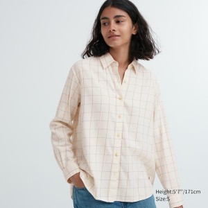 Uniqlo Soft Brushed Checked Long-Sleeve Skjorte Dame Hvide | 1563-MOVXE