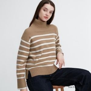 Uniqlo Souffle Yarn Stribet High Neck Long-Sleeve Trøjer Dame Beige | 0482-GASLN