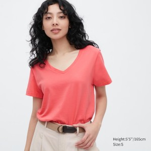 Uniqlo Supima® Bomulds V-Neck Kort-Sleeve T Shirts Dame Lyserød | 2819-TJFZP