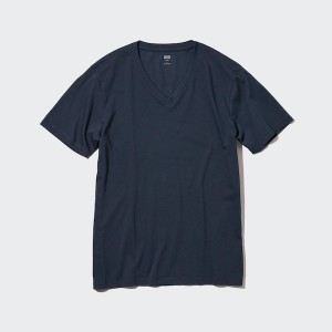 Uniqlo Supima® Bomulds V-Neck Kort-Sleeve T Shirts Herre Mørkeblå | 8593-DXQAK