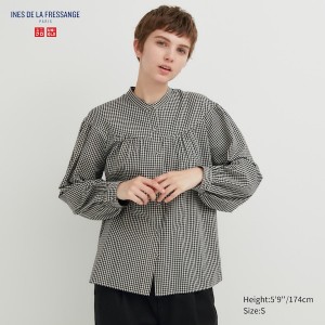 Uniqlo Volume Checked Long-Sleeve Skjorte Dame Sort | 7439-EHQJO