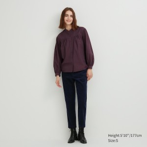 Uniqlo Volume Checked Long-Sleeve Skjorte Dame Bordeaux | 7501-XABON