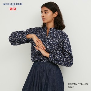 Uniqlo Volume Printed Long-Sleeve Skjorte Dame Blå | 2850-VYCGJ