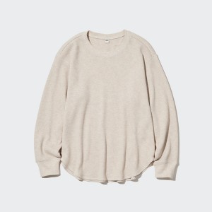 Uniqlo Waffle Crew Neck Long-Sleeve T Shirts Dame Beige | 1643-SXPLM