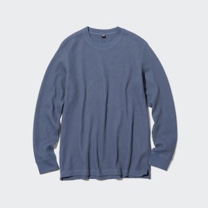 Uniqlo Waffle Crew Neck Long-Sleeve T Shirts Dame Blå | 6710-AEXCS