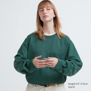 Uniqlo Washed Bomulds Crew Neck Long-Sleeve T Shirts Dame Grøn | 4092-LQBRT