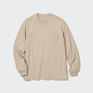 Uniqlo Washed Bomulds Crew Neck Long-Sleeve Sweatshirts Herre Beige | 5163-TZIRL