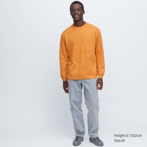 Uniqlo Washed Bomulds Crew Neck Long-Sleeve Sweatshirts Herre Orange | 5917-QXRFN