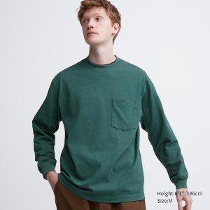 Uniqlo Washed Bomulds Crew Neck Long-Sleeve T Shirts Herre Grøn | 3486-FHCPB