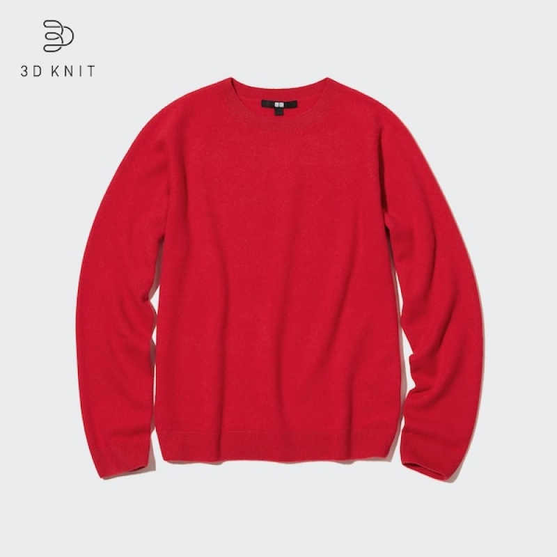 Uniqlo 3D Knit Cashmere Crew Neck Long-Sleeve Trøjer Dame Rød | 3749-IBXYD