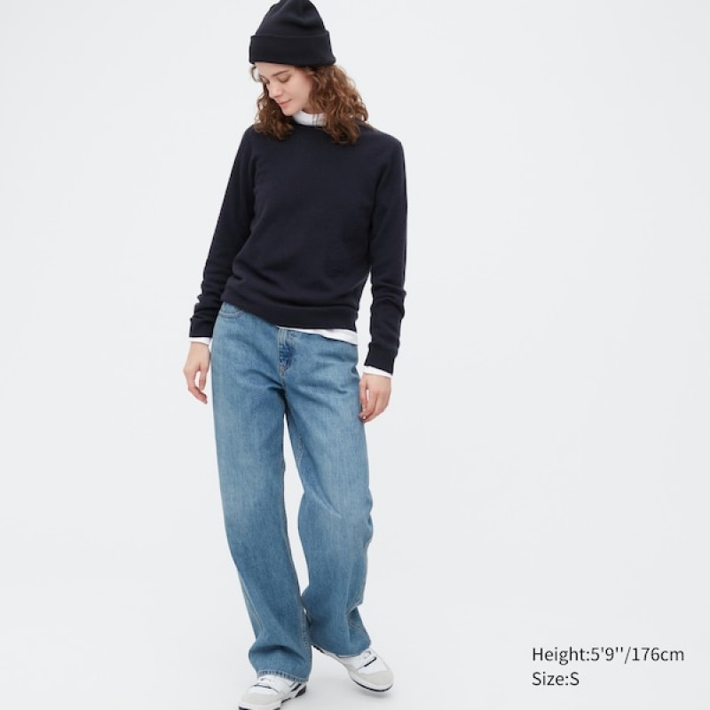 Uniqlo 3D Knit Cashmere Crew Neck Long-Sleeve Trøjer Dame Mørkeblå | 3625-DSKIV