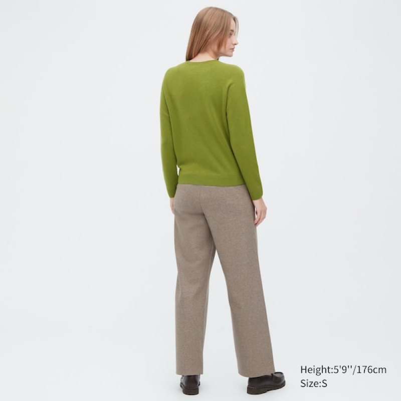 Uniqlo 3D Knit Cashmere Crew Neck Long-Sleeve Trøjer Dame Grøn | 0876-VDINZ