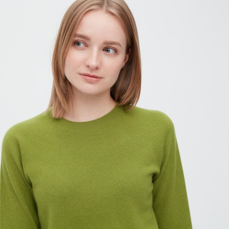 Uniqlo 3D Knit Cashmere Crew Neck Long-Sleeve Trøjer Dame Grøn | 0876-VDINZ